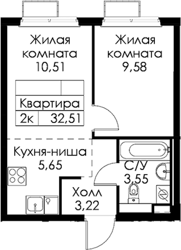 1-комнатная квартира 32.51 м², 2/15 эт., ЖК «Янинский лес»